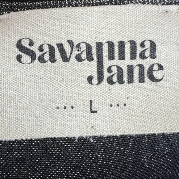 SAVANNA JANE Black Embroidered Top Rose Sparkle Flutter Sleeve Split Neck Size L - Picture 7 of 8